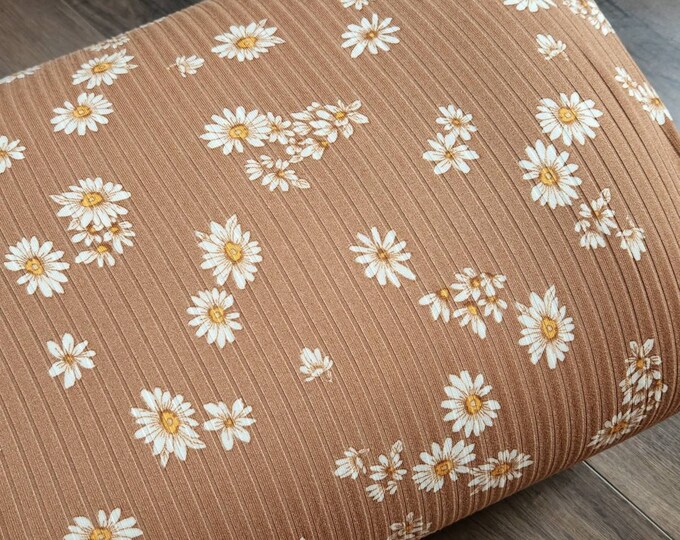 Ribbed Knit Fabric by the Yard Floral Rib Knit Brown With Daisies