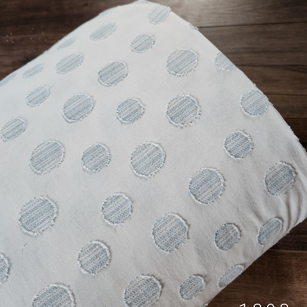 Cotton/poly blend fabric by the yard, light blue polka dots on white lawn #1808