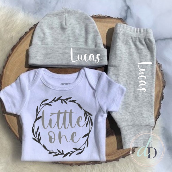 Little One Newborn Onesie®, Custom Gender Neutral Name outfit, Baby Shower Gift, grey baby set, Personalized Baby Name outfit, coming home