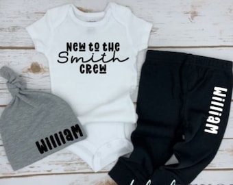 New to the Crew Coming Home Hospital Outfit  | Custom last Name outfit | Baby Shower Gift | Gender Neutral outfit | Christmas gift