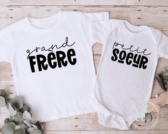 Chemise Grand Frère, petit soeur onesie®, chemises Français frères et sœurs, chemises familiales assorties, t-shirts d’annonce de grossesse