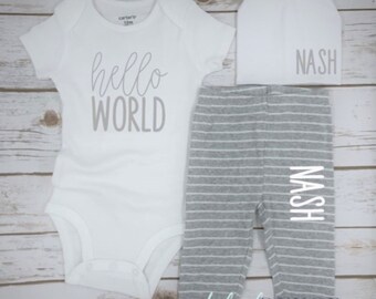 Sleepsuit Rompersuit New Baby Gift Set, Vest Bodysuit, Unisex Newborn Hello World Personalised White Babygrow with Optional Hat /& Blanket