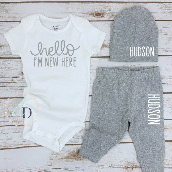 Custom Coming Home Hospital Outfit | Hello I'm New Here | Custom Gender Neutral Name outfit | Baby Shower Gift | Christmas Gift for baby