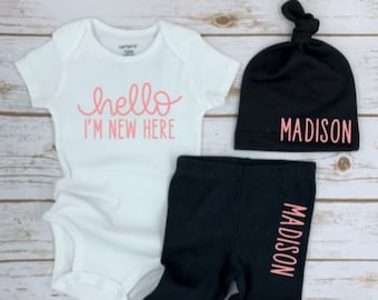 Custom Coming Home Hospital Outfit | Hello I'm New Here | Custom Name outfit | Baby Shower Gift | Christmas Gift for baby