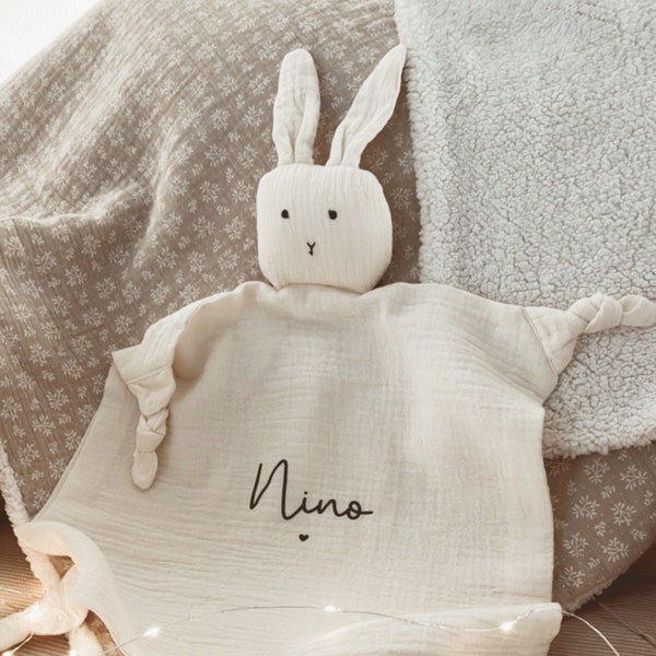 Doudou Lou - gaze de coton ivoire - à personnaliser - Prénom - Naissance - Maternité - Grossesse - Cadeau - Baby shower - Lapin - Bébé