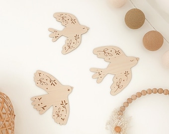 Hirondelles en bois - Lot de 3 - Décoration - Oiseau - Oie - Murale - Chambre - Enfant - Bébé - Maison - Cadeau - Intérieur - Bohème Nature