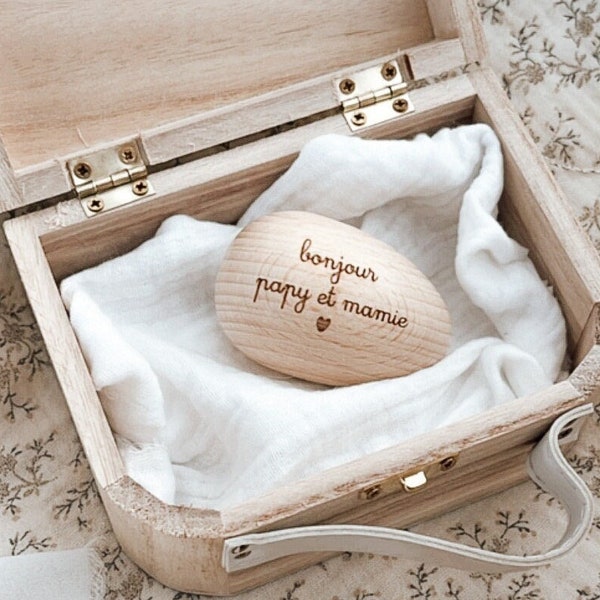 Coffret œuf en bois - à personnaliser - Annonce grossesse - Naissance - Cadeau - Bébé - Papa - Mamie - Papy - Parrain - Marraine - Enceinte