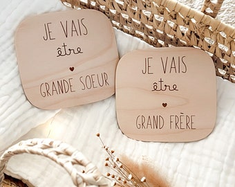 Carte annonce grossesse - Grand frère - Grande soeur - à personnaliser - Enceinte - Bébé - Enfant - Naissance - Maternité - Bois - Annonce