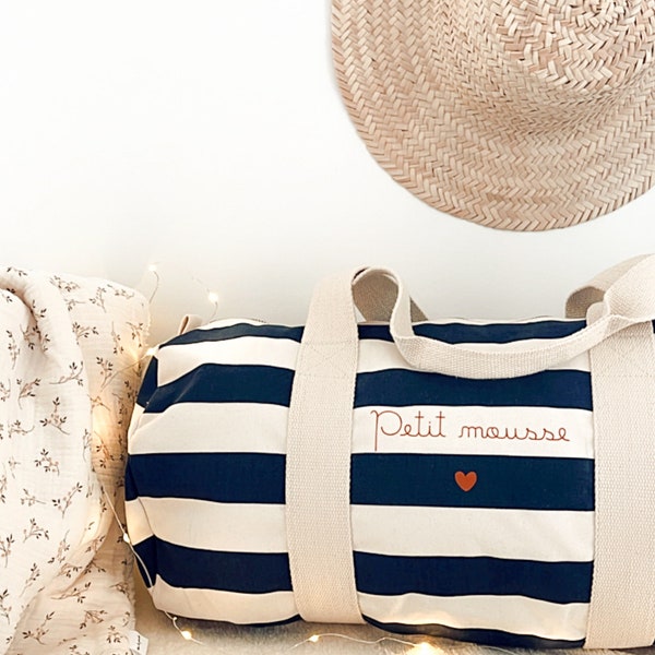 Sac polochon - Marinière - Bleu - à personnaliser - Prénom - Enfant - Naissance - Anniversaire - Papa - Maman - Voyage - Bébé - Adulte