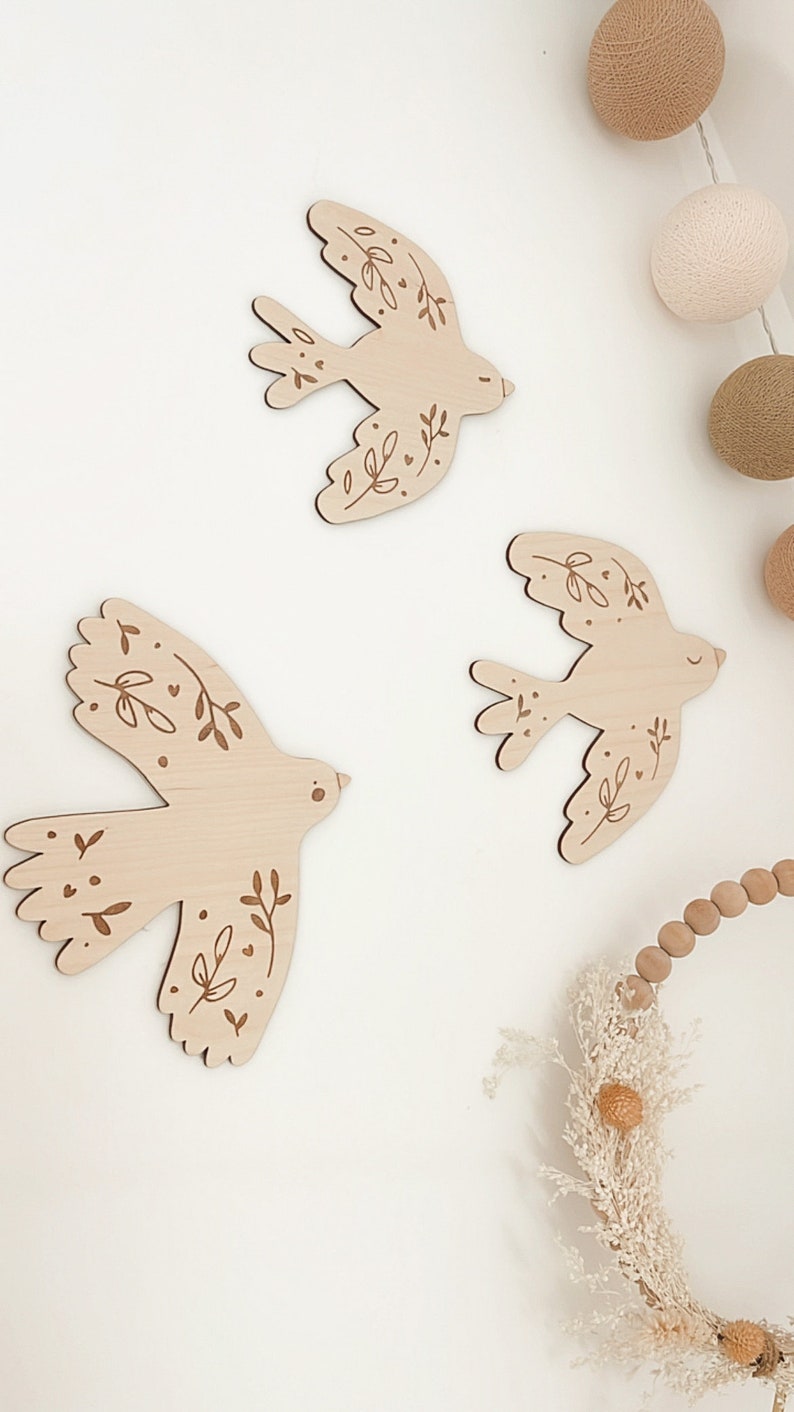 Houten zwaluwen Set van 3 Decoratie Vogel Gans Muur Slaapkamer Kind Baby Huis Cadeau Interieur Boho Natuur afbeelding 3