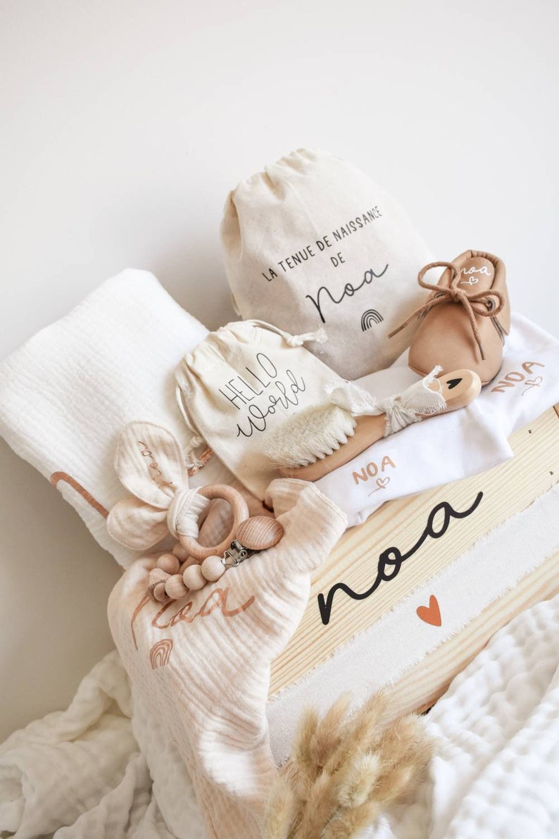 Baby Box Big à personnaliser Prénom Bébé Enfant Naissance Cadeau Baby shower Gaze coton Doudou Couverture Coffret image 3