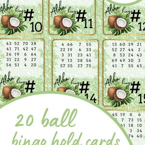 Bingo Hold Cards With Master and Call Sheet 25 Player Holds 20 Ball Bingo Games Printable Summer Green Tropical Coconut Hawaii Aloha