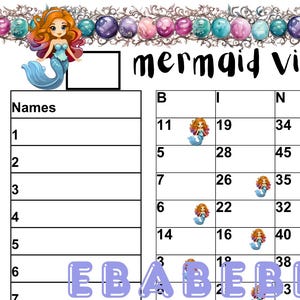 1 - 75 Balls Printable Bingo Game,15 player bingo board, 1 Mixed and Straight Bingo for Party Adults Cute Funny PNG Mermaid Fantasy Ocean