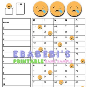 Mixed 75 Ball Bingo Board 1-15 Lines Emoji Fun Yellow Face Smile Printable Instant Download