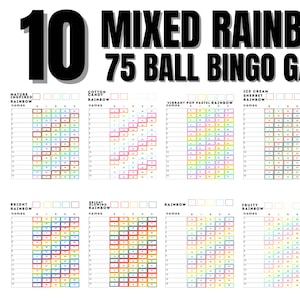 Rainbow bingo bundle 10 Pack Unique Mixed Bingo Boards -Instant Download -15 Lines - Printable - 75 Ball Watercolor 8.5in x 11in