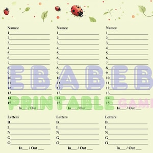 Spring Themed 15 Line Bingo Letter Bingo Set Bingo Notebook Page | With 9 Printable Adult Games Space for In Out Leaves Ladybug Yellow