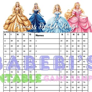 May include: A printable double bingo game featuring Disney princesses. The game board has a grid of numbers from 1 to 75. The princesses featured are Belle, Cinderella, and Ariel.