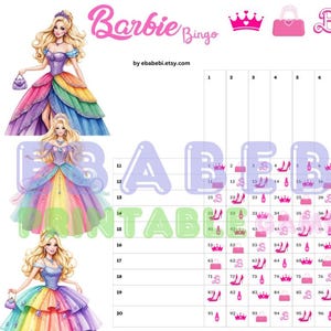 Princess Girly Bingo Boards - Instant Download -20 Lines - Barbie Themed Printable Bingo Boards - Straight Mixed 100 Ball