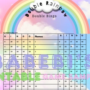 Sparkle Rainbow Clouds dubbele pagina bingo, 75 ballen, 15 regels. bord, 1 gemengde en blanco png Bright Pastel Cartoon Bingo for Kids Fantasy