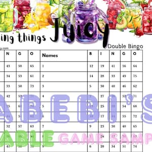 Juicy Double Page Houdini BINGO, 75 Balls, 15 lines. Houdini board, 1 Mixed and Blank PDF Bright Colors Fun Summer