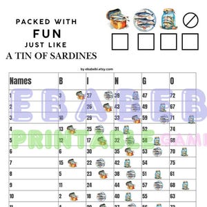 Sardines  Dinner Joke Food Themed Bingo Boards - Instant Download -15 Lines - Printable Bingo Boards - Straight Mixed 75 Ball