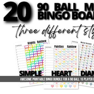 Rainbow Bingo Bundle 20 Pack Unique Mixed Bingo Boards -Instant Download -15 Lines - Printable - 90 Ball Watercolor Hearts Diamonds