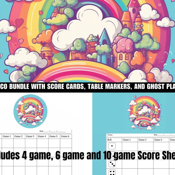 Rainbow Castle in the Clouds Girls Birthday Party - Printable Bunco Score Sheets With Ghost Player Tally Cards