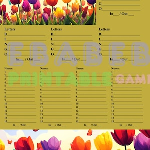 Cuaderno de bingo de 15 líneas con letras y temática de primavera, con 8 juegos imprimibles para adultos, espacio para flores, tulipanes, jardinería, Pascua, etc.