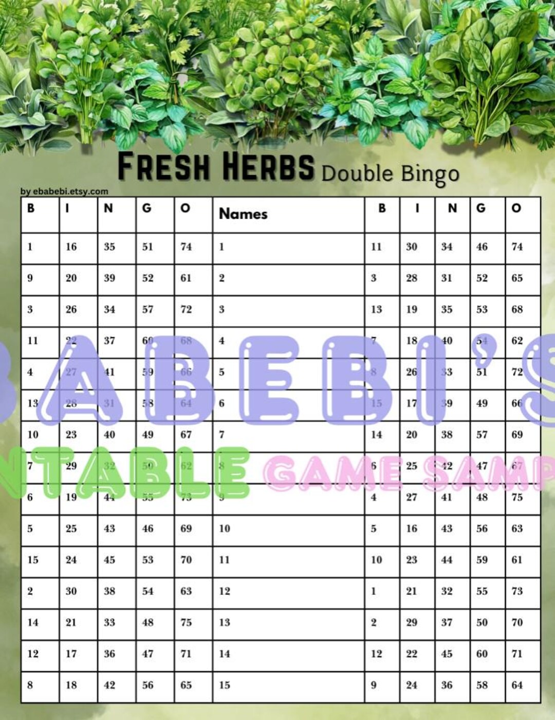 Herbs Food Fresh Green Double Page Houdini BINGO, 75 Balls, 15 Lines ...