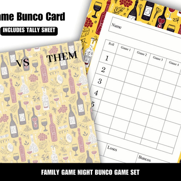 Wine Bunco Score Cards with 5 Games Tally Sheet Us Them Bright Colors Downloadable Scoresheet Family Game Night Wedding Party Ladies Night