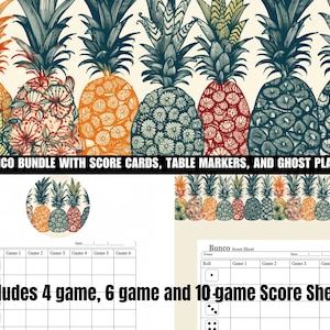 Bunco Party Kit with Pineapple Tropical bunco  - Score Cards, Table Markers, and More Complete Bunco Score Sheets Cards Game Night Family