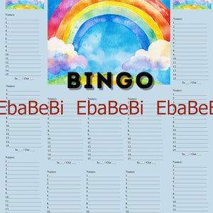 15 Line Bingo Letter Bingo Notebook Page | With 8 Printable Adult Games Space for In Out Spring Rainbow Cloud Blue