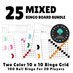100 Ball Mixed Bingo Boards for 20 Players  SET OF 25 Mixed Bingo Boards  2 Colors Mega Bundle Huge Party Download