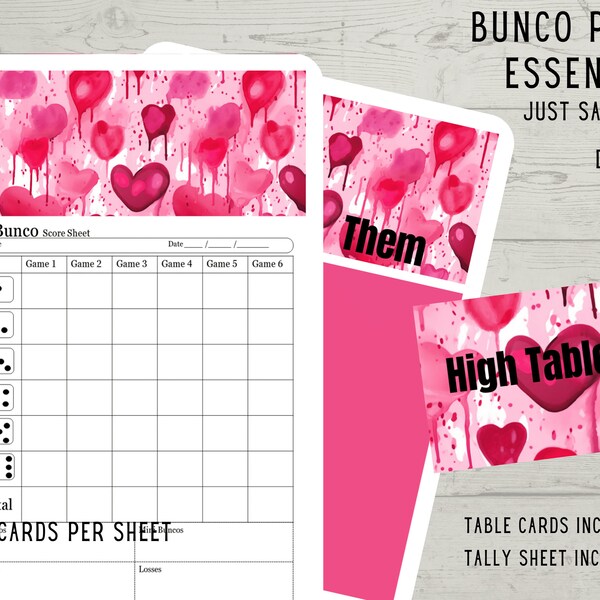 Dripping Hearts Valentine's day Mini Bunco Printable Game Set bunco score cards Love themed February Bunko