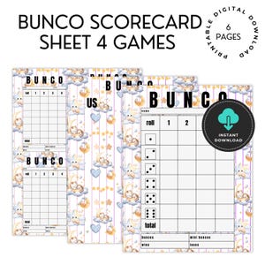 Feuille de pointage Bunco 4 jeux imprimable Feuille de pointage de fête Cartes de table de joueur fantôme Nuages de tigre endormis Blanc Bleu Boy Strip