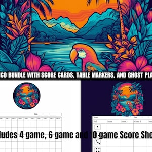 Tropical Paradise Birds Summer Ocean Floral Aloha Dark Bunco Printable Game Set Bunco Party Essentials  Score Sheets, Table Tents