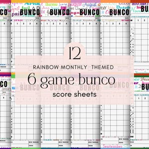 Puede incluir: Un conjunto de 12 hojas de puntuación de Bunco con temática mensual de arcoíris. Cada hoja presenta una cuadrícula para el seguimiento de puntuaciones, con la palabra "Bunco" y el nombre del mes en texto colorido en la parte superior. Las hojas están diseñadas para 6 juegos.