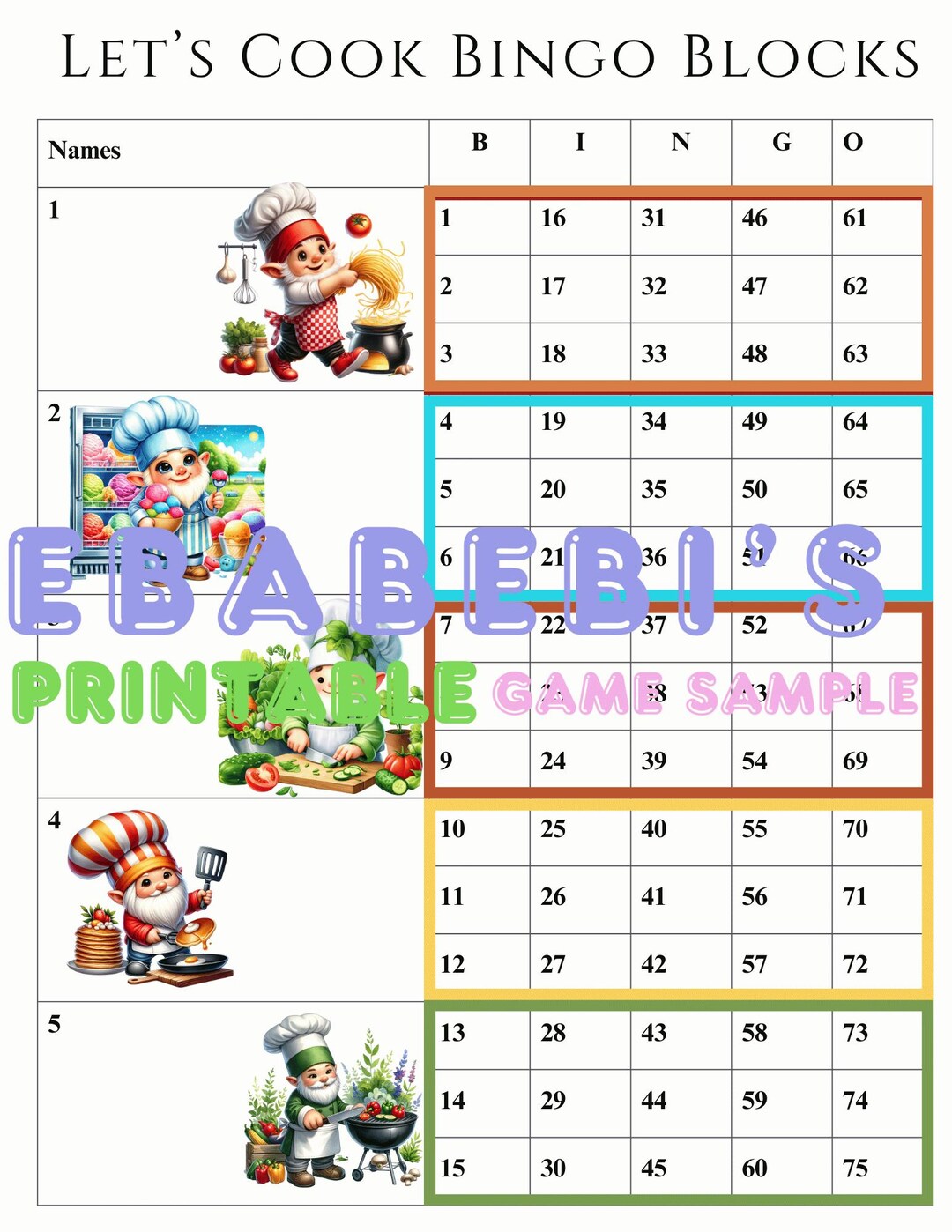 Bingo Blocks -instant Download -15 Lines Bingo Cooking Gnome Cartoon ...