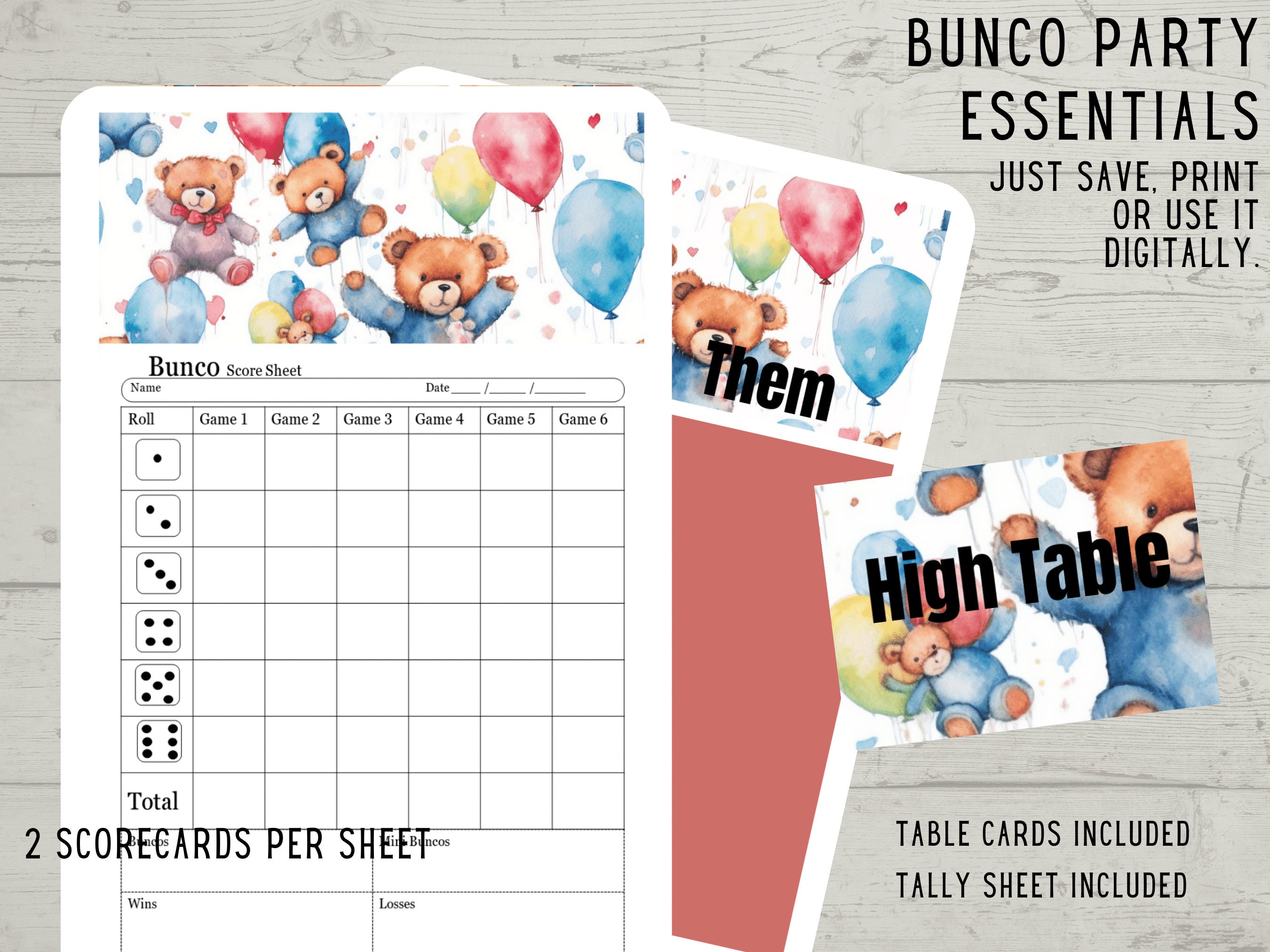 Teddy Bear Balloons Birthday Mini Bunco Printable Game Set Perfect