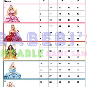 Bingo de Princesa con 15 Líneas (mixto, en línea recta) Imprimible | Tableros de Bingo de 75 Bolas para Imprimir |