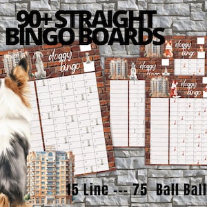 HUGE BINGO BUNDLE 90 Pack Dog Lover City Cityscape Building Brick Puppy Bingo Boards Instant Download Printable 15 Lines - 75 Ball Straight