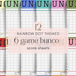 Puede incluir: Un conjunto de 12 hojas de puntuación de Bunco con temática de puntos de arcoíris. Cada hoja presenta una cuadrícula para el seguimiento de las puntuaciones, con la palabra "Bunco" en la parte superior. Las hojas son de varios colores, incluyendo rojo, verde y azul.