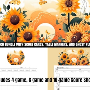Fall Bunco Party Kit with Sunflower Sun Score Cards, Table Markers, Score Sheets Tally Sheet Ghost Player Bundle Printable 2 per 10 games
