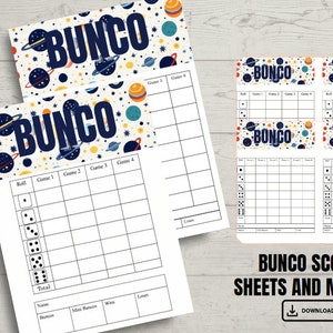 May include: Printable Bunco score sheets with a space-themed design. The sheets feature a colorful pattern of planets, stars, and swirls. The text "Bunco" is written in bold, blue letters. The sheets are designed for a game of Bunco with six rounds.