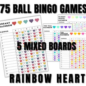 Rainbow bingo bundle 5 Pack Unique Mixed Bingo Boards -Instant Download -15 Lines - Printable - 75 Ball Watercolor 8.5in x 11in Hearts
