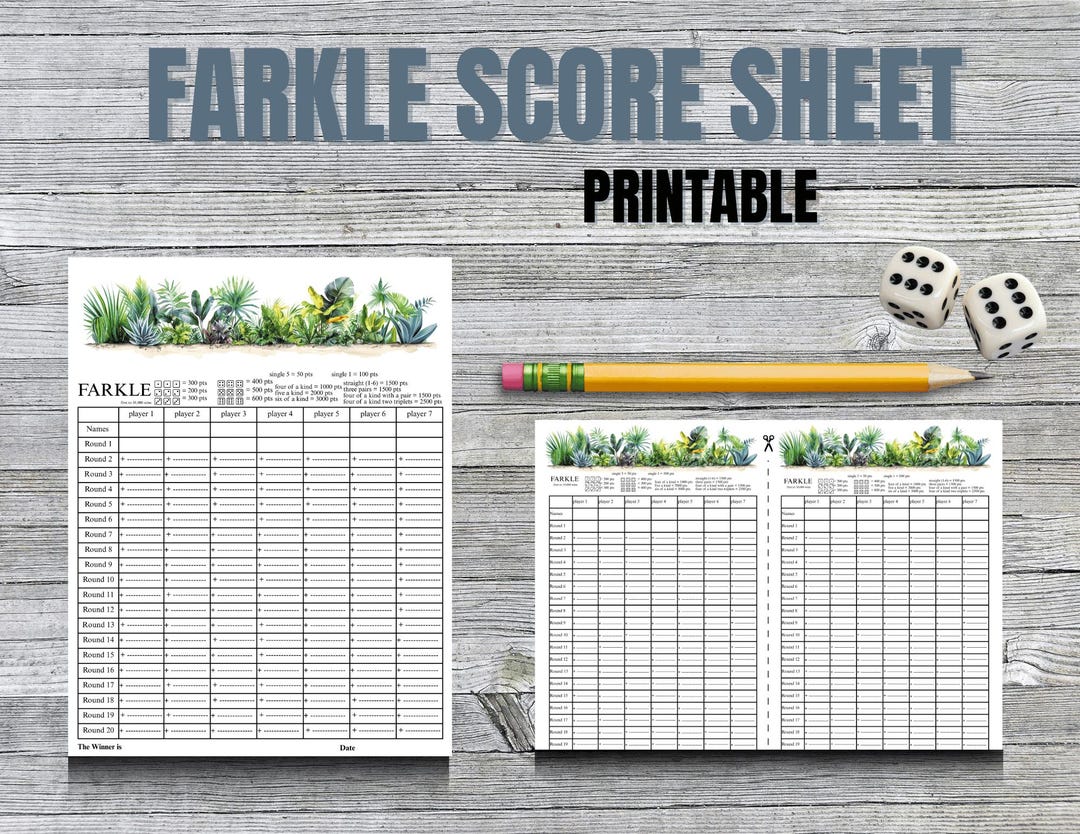 Farkle Score Sheet Printable Cute Dice Game Scorecard for Family Game