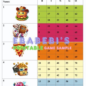 ビンゴボード - 即時ダウンロード - 15ラインブロックビンゴ（ミックス、ストレート）印刷可能 - 75ボールハッピーファーストフード - 面白い漫画ユーモアファーストフード