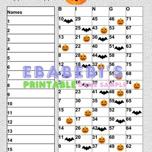 1 - 75 Balls Printable Bingo Game,15 player bingo board, 1 Mixed and Straight Bingo for Party Adults Cute Funny PNG Halloween