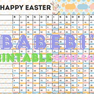 Puede incluir: Una tarjeta de bingo de Pascua imprimible con un esquema de color azul pastel y amarillo. La tarjeta tiene una cuadrícula de 25 cuadrados con números en cada cuadrado. La tarjeta está titulada "Feliz Pascua" y tiene la palabra "Bingo" impresa en la parte superior.