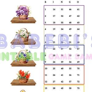 Bingo Boards -Instant Download -15 Lines Flowers Spring Easter Women Baskets Purple Blocks Bingo (mixed, straight)  Printable - 75 Ball